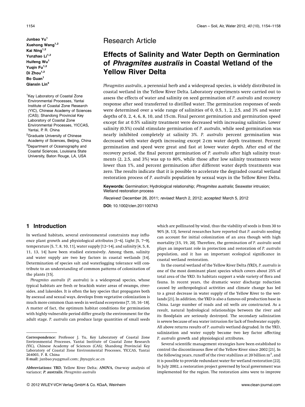 Effects of Salinity and Water Depth on Germination of Phragmites Australis in Coastal Wetland of the Yellow River Delta