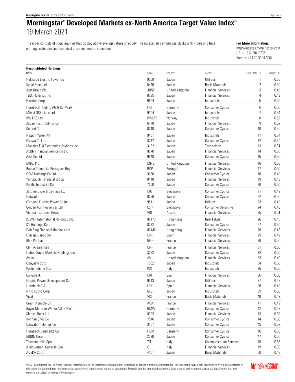 Morningstar® Developed Markets Ex-North America Target Value Indexsm 19 March 2021