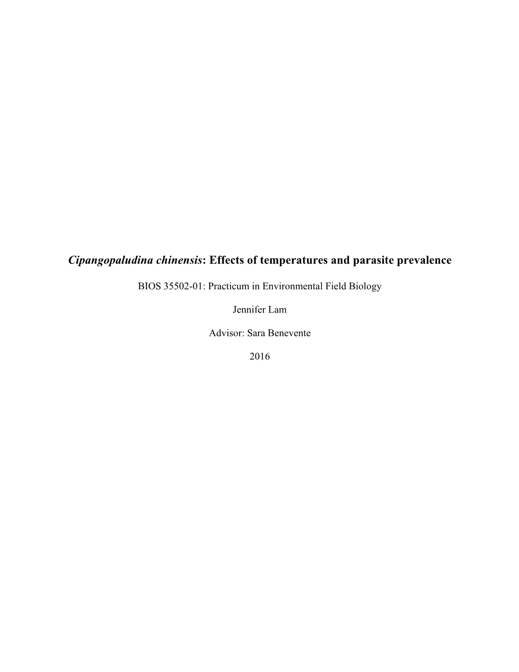 Cipangopaludina Chinensis: Effects of Temperatures and Parasite Prevalence