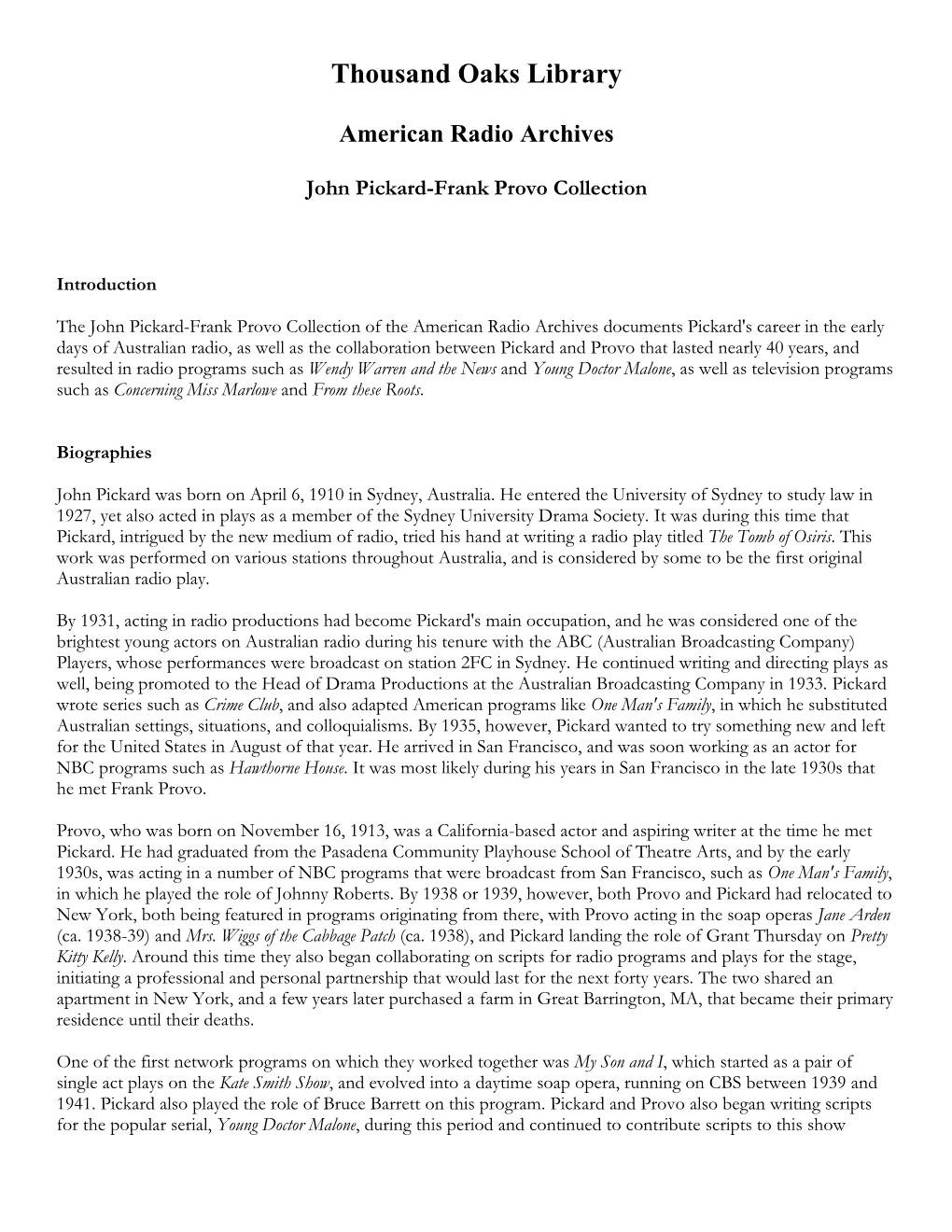 John Pickard-Frank Provo Collection