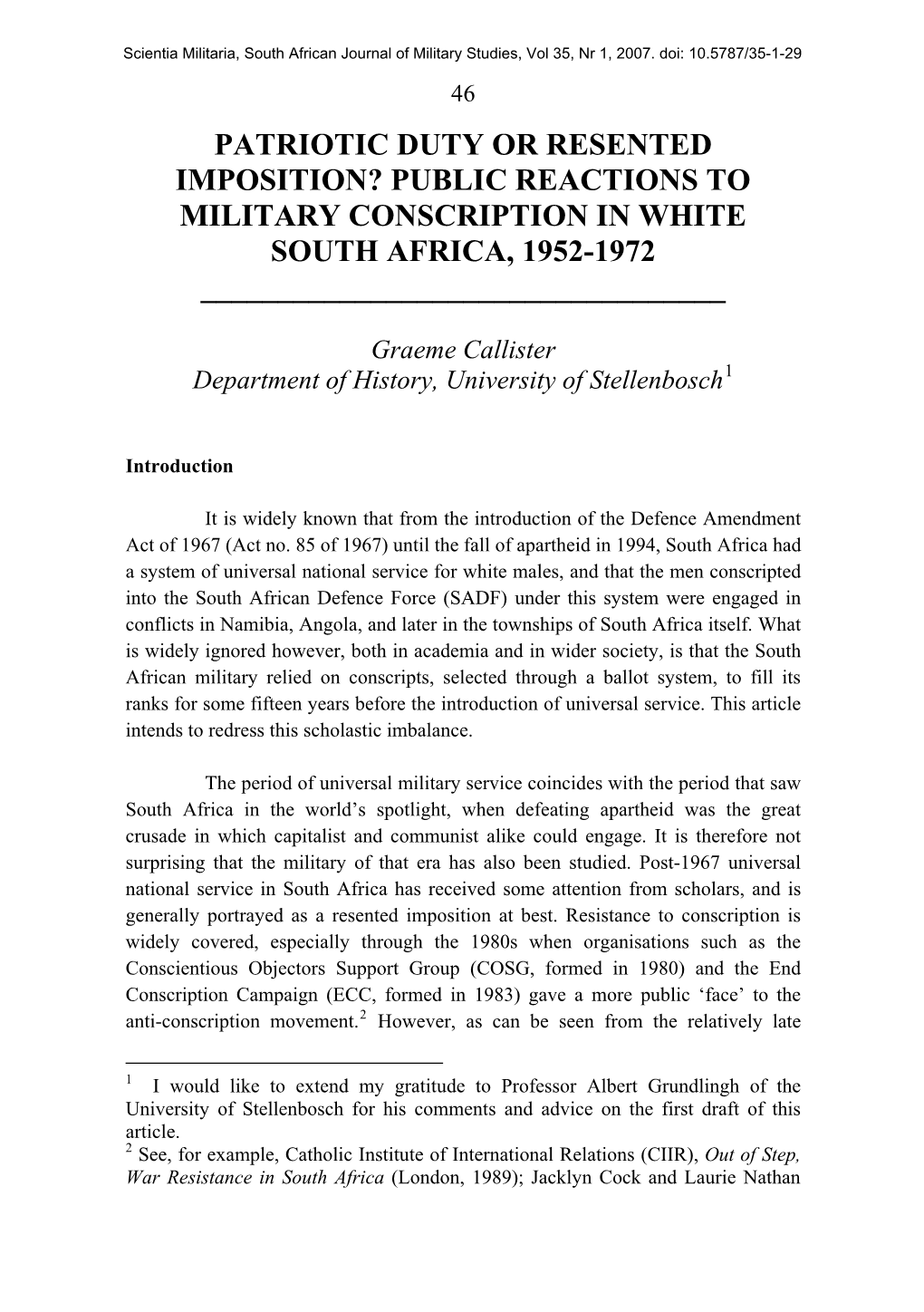 Military Conscription in South Africa, 1952-1972