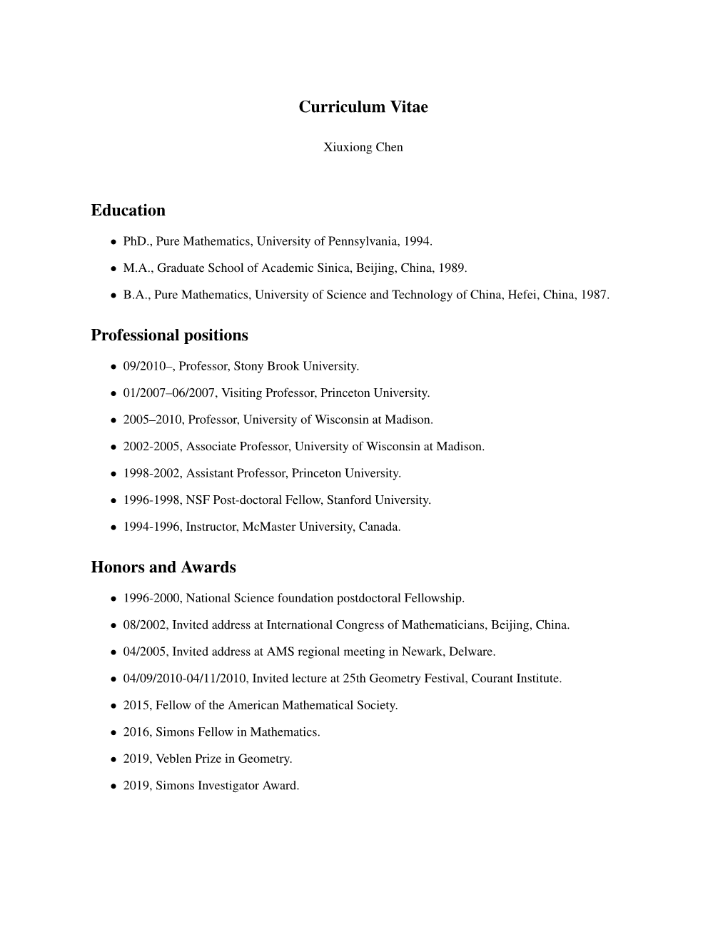 Curriculum Vitae Education Professional Positions Honors And