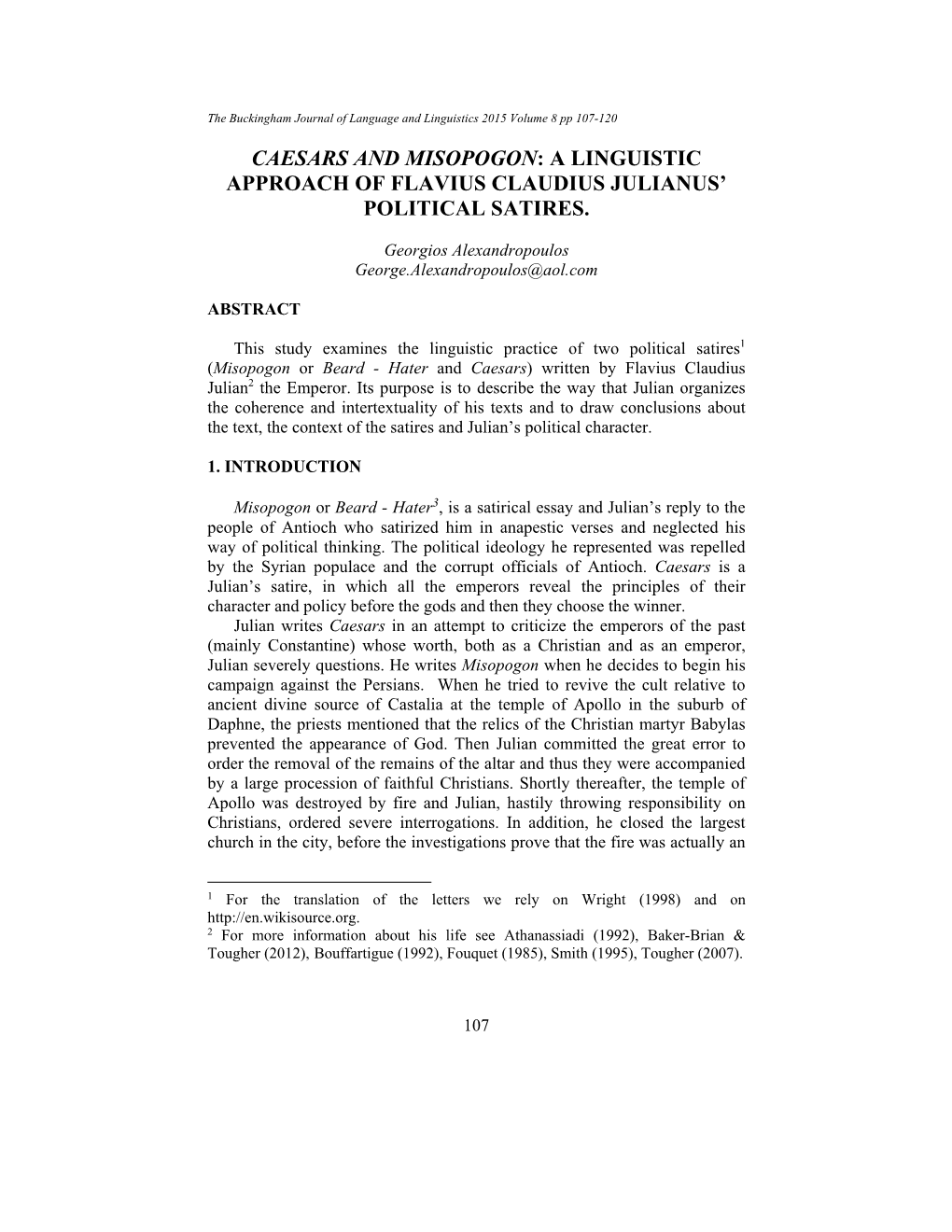 Caesars and Misopogon: a Linguistic Approach of Flavius Claudius Julianus’ Political Satires