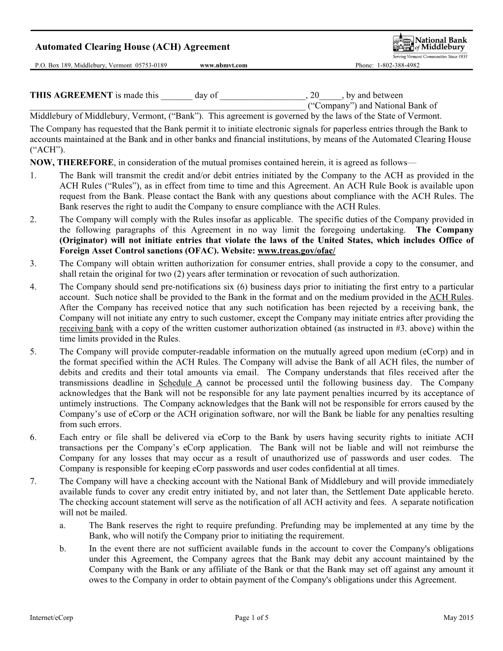 Automated Clearing House (ACH) Agreement