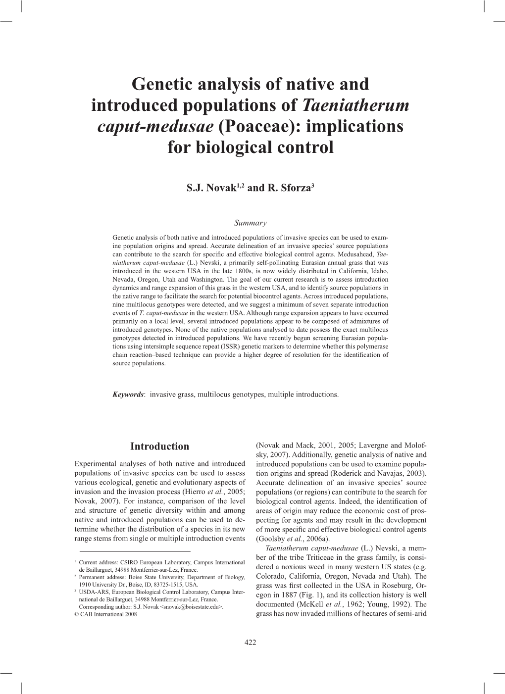 Genetic Analysis of Native and Introduced Populations of Taeniatherum Caput-Medusae (Poaceae): Implications for Biological Control