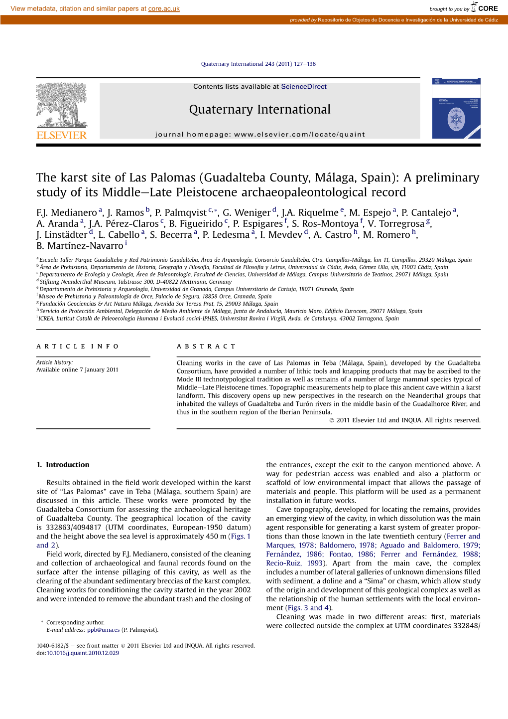 The Karst Site of Las Palomas (Guadalteba County, Málaga, Spain): a Preliminary Study of Its Middleelate Pleistocene Archaeopaleontological Record