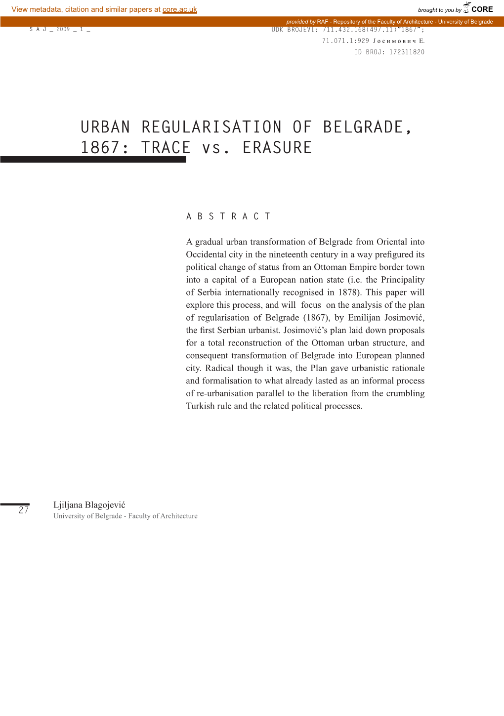 Urban Regularisation of Belgrade, 1867: Trace Vs. ERASURE