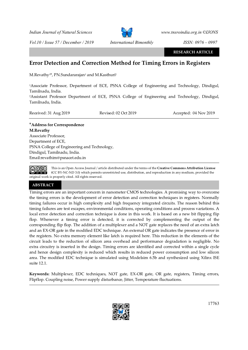 Error Detection and Correction Method for Timing Errors in Registers