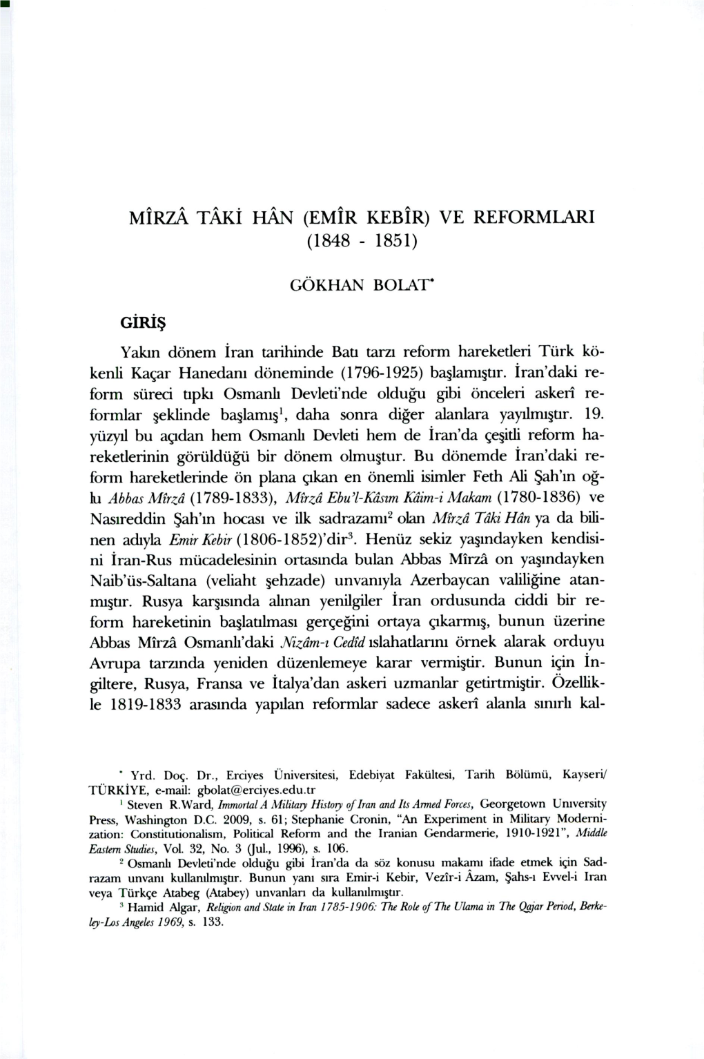 MİRZA TAKİ FIÂN (Emir Kebir) VE REFORMLARI (1848 - 1851)