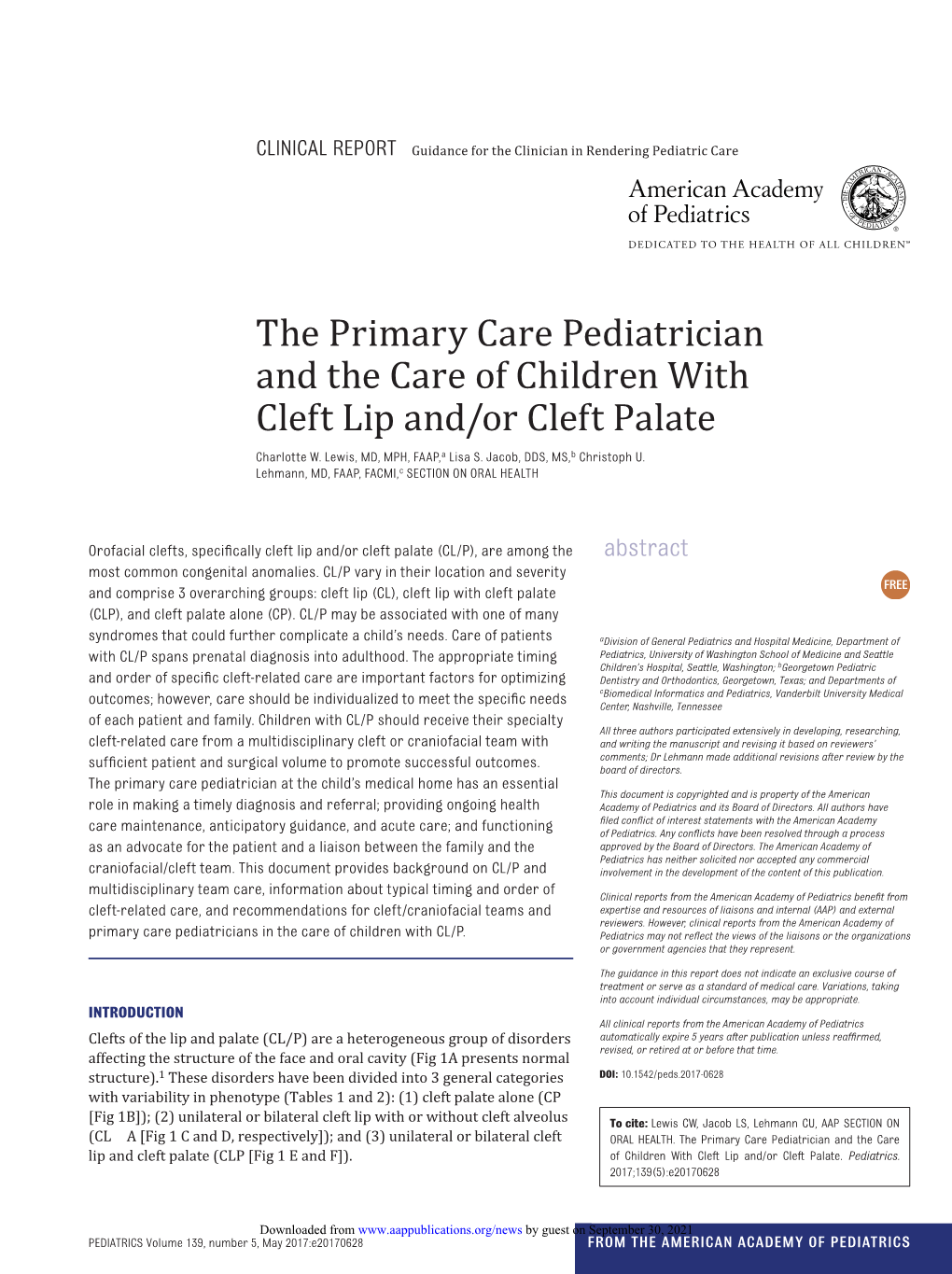 The Primary Care Pediatrician and the Care of Children with Cleft Lip And/Or Cleft Palate Charlotte W