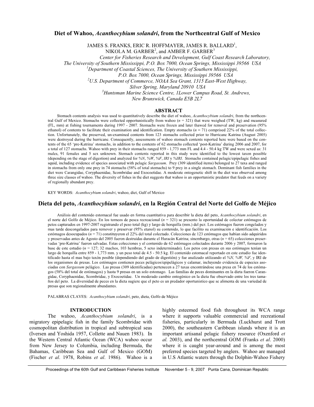 Diet of Wahoo, Acanthocybium Solandri, from the Northcentral Gulf of Mexico