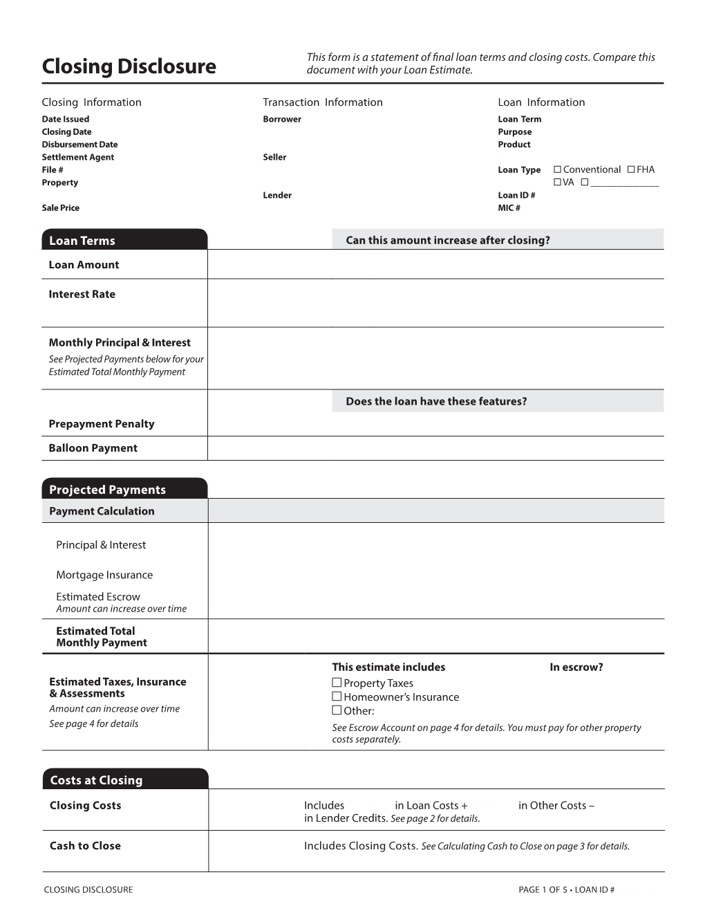 Closing Disclosure Document with Your Loan Estimate