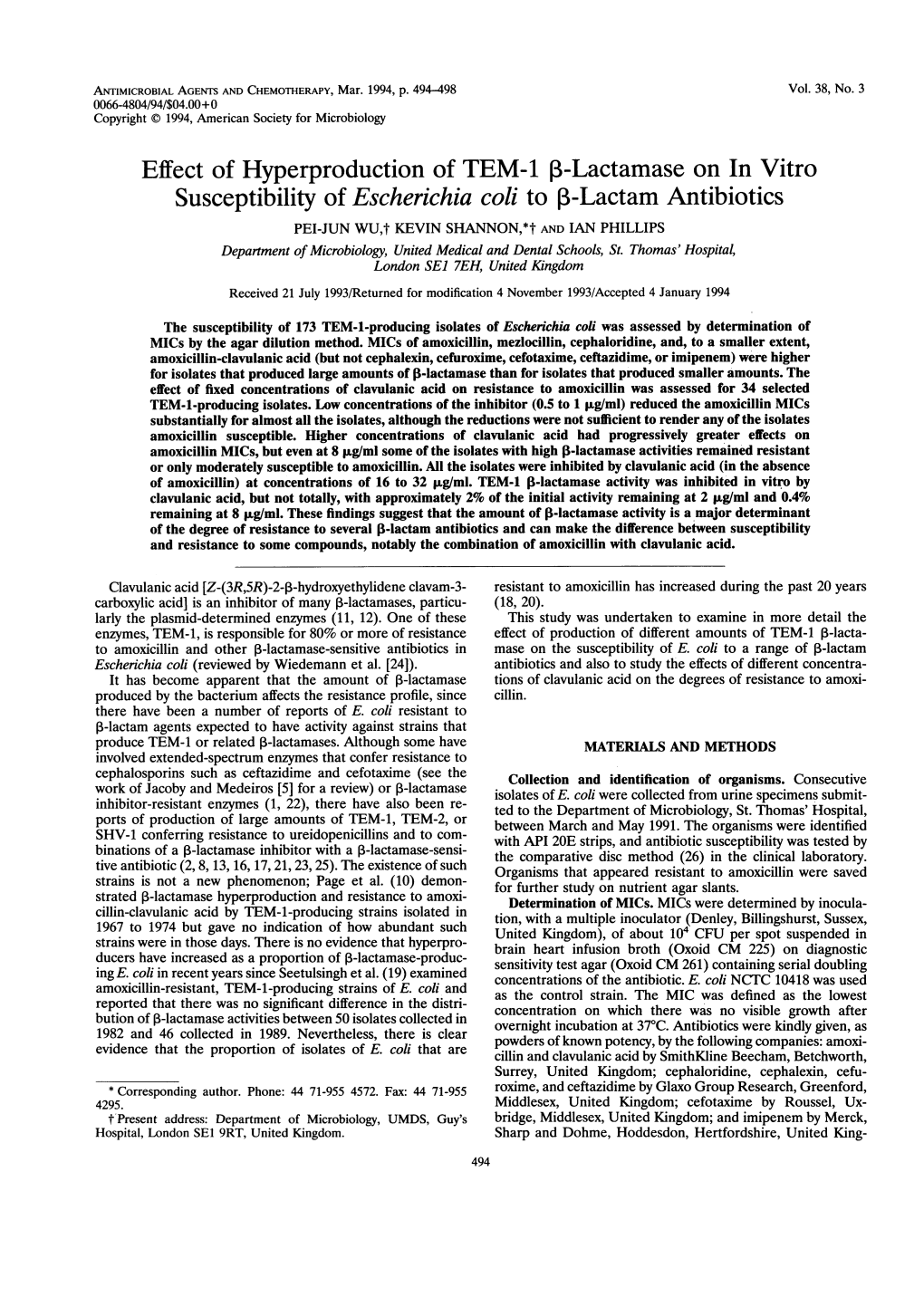 Susceptibility of Escherichia Coli to 3-Lactam Antibiotics