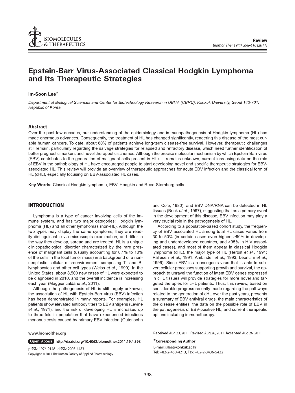 Epstein-Barr Virus-Associated Classical Hodgkin Lymphoma and Its Therapeutic Strategies