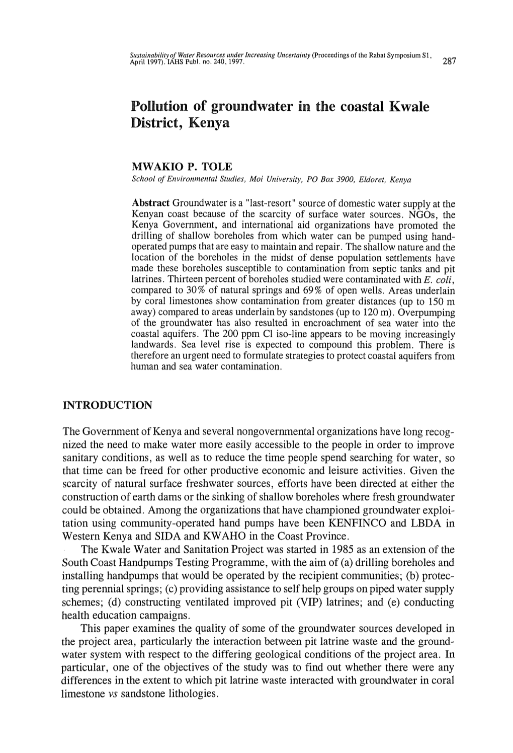 Pollution of Groundwater in the Coastal Kwale District, Kenya