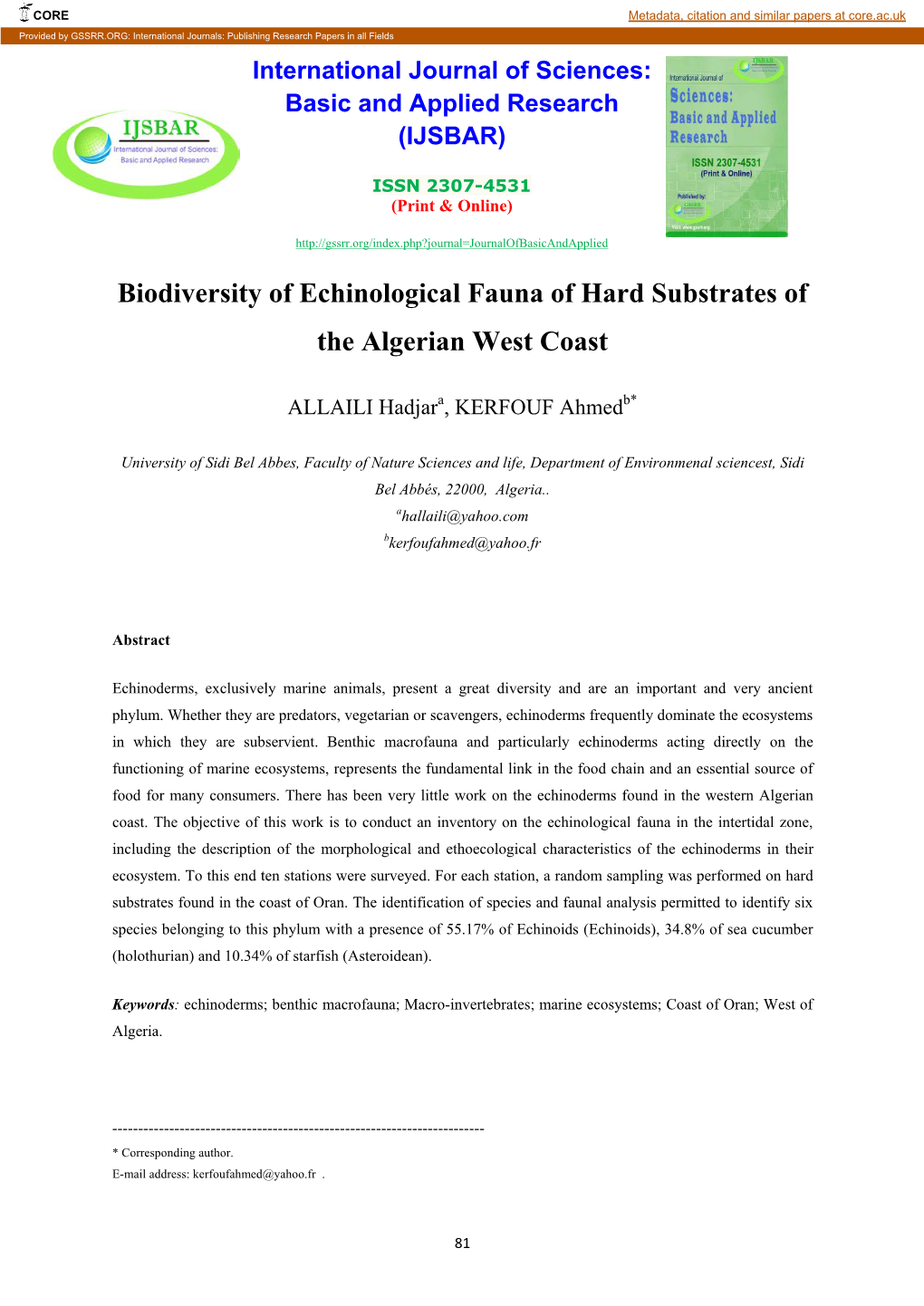 Biodiversity of Echinological Fauna of Hard Substrates of the Algerian West Coast