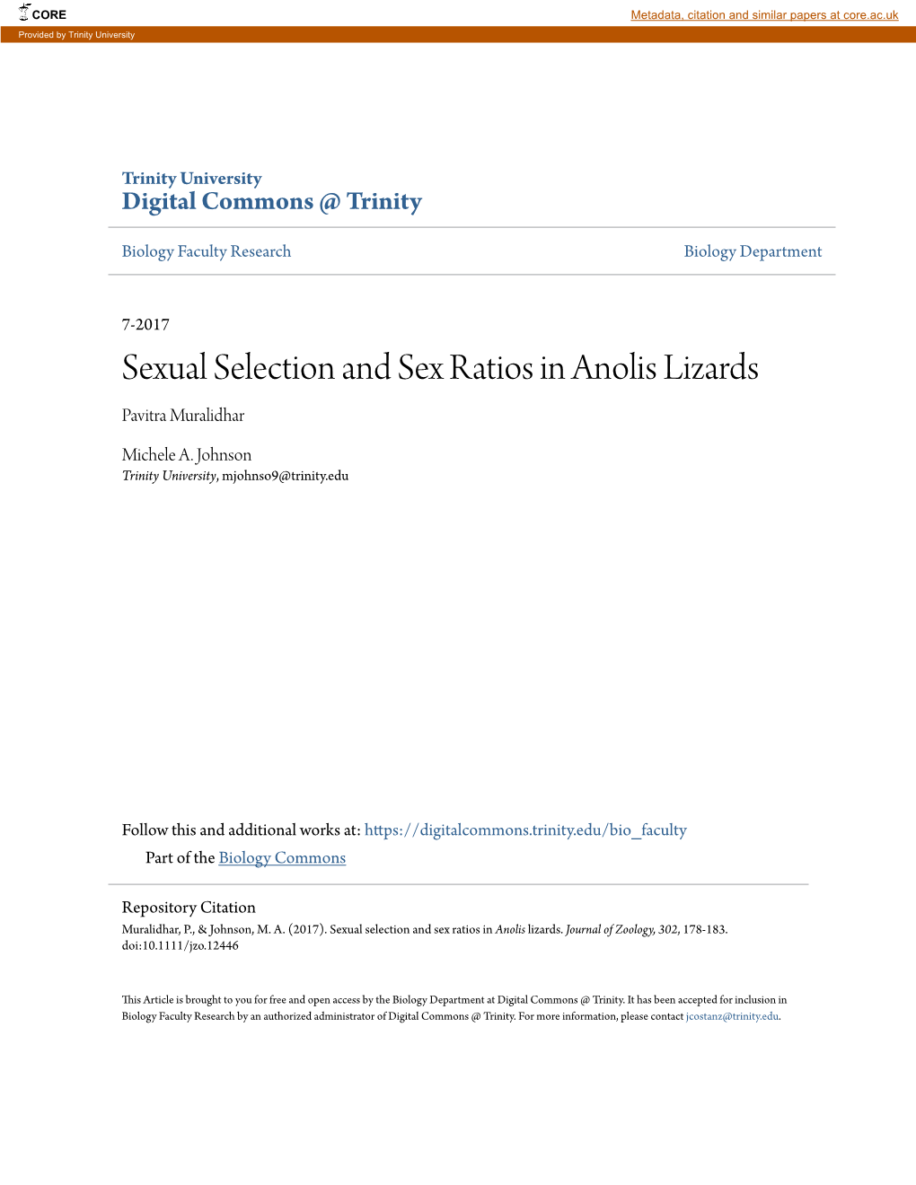 Sexual Selection and Sex Ratios in Anolis Lizards Pavitra Muralidhar