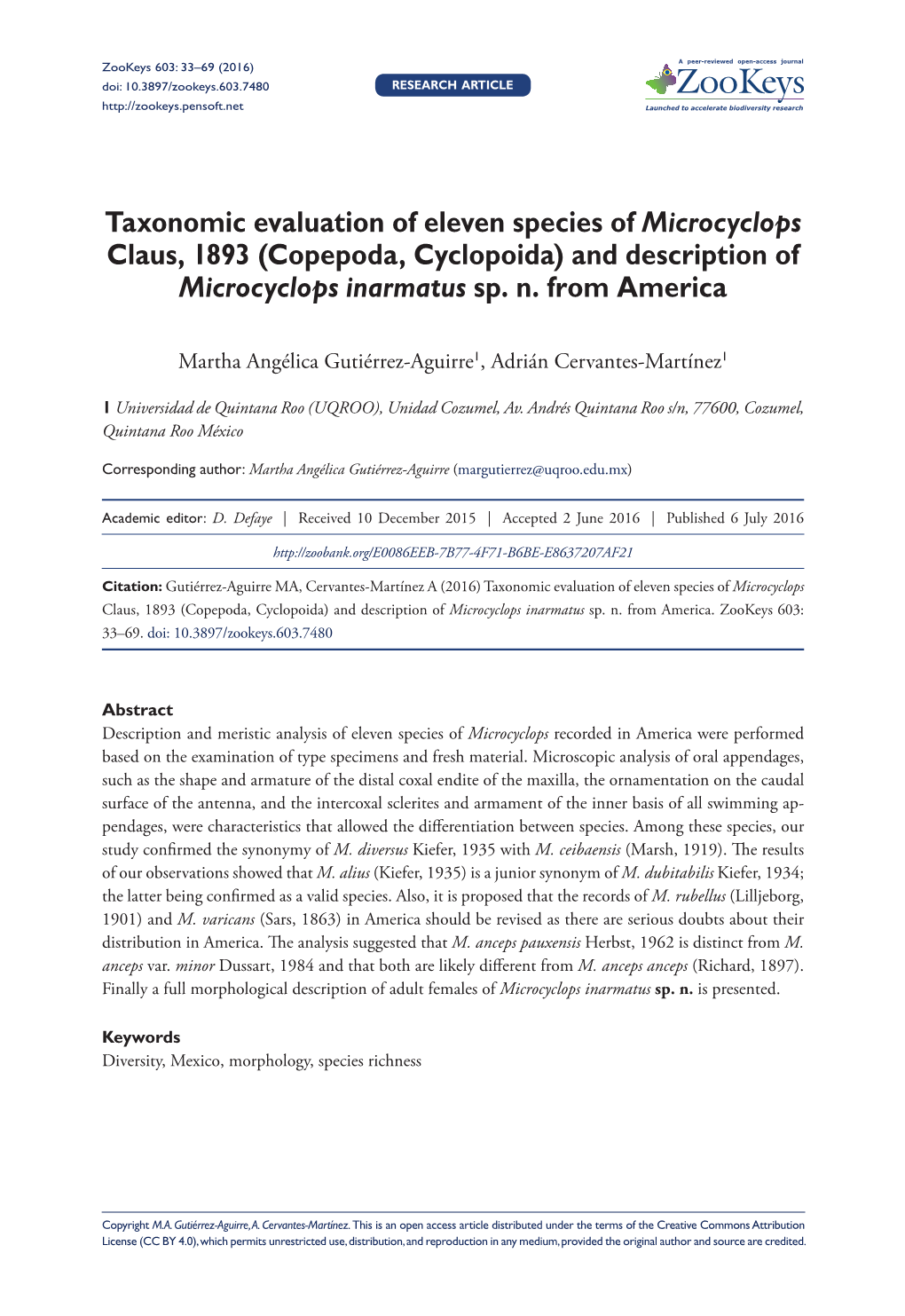 ﻿Taxonomic Evaluation of Eleven Species of Microcyclops Claus