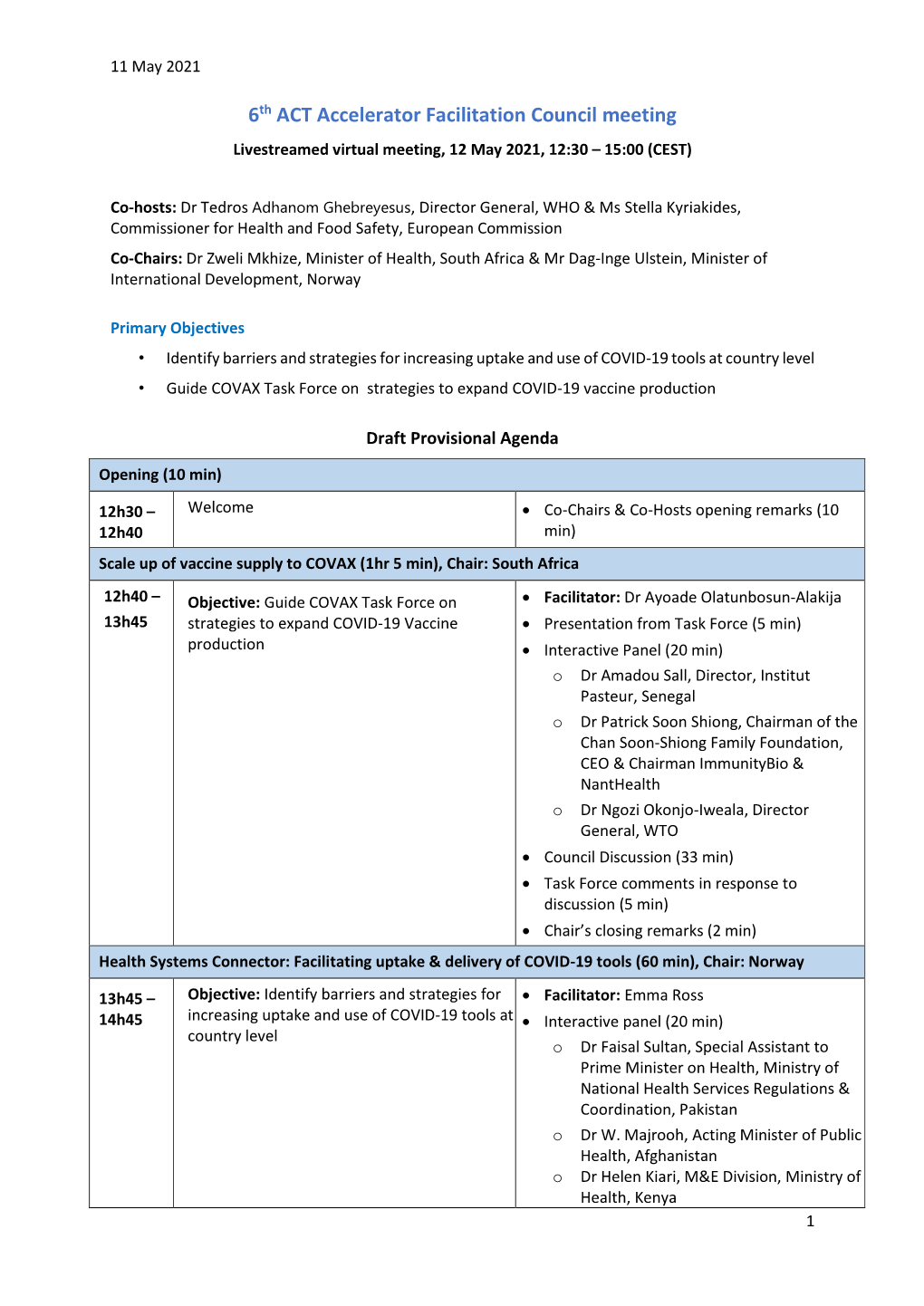 6Th ACT Accelerator Facilitation Council Meeting Livestreamed Virtual Meeting, 12 May 2021, 12:30 – 15:00 (CEST)