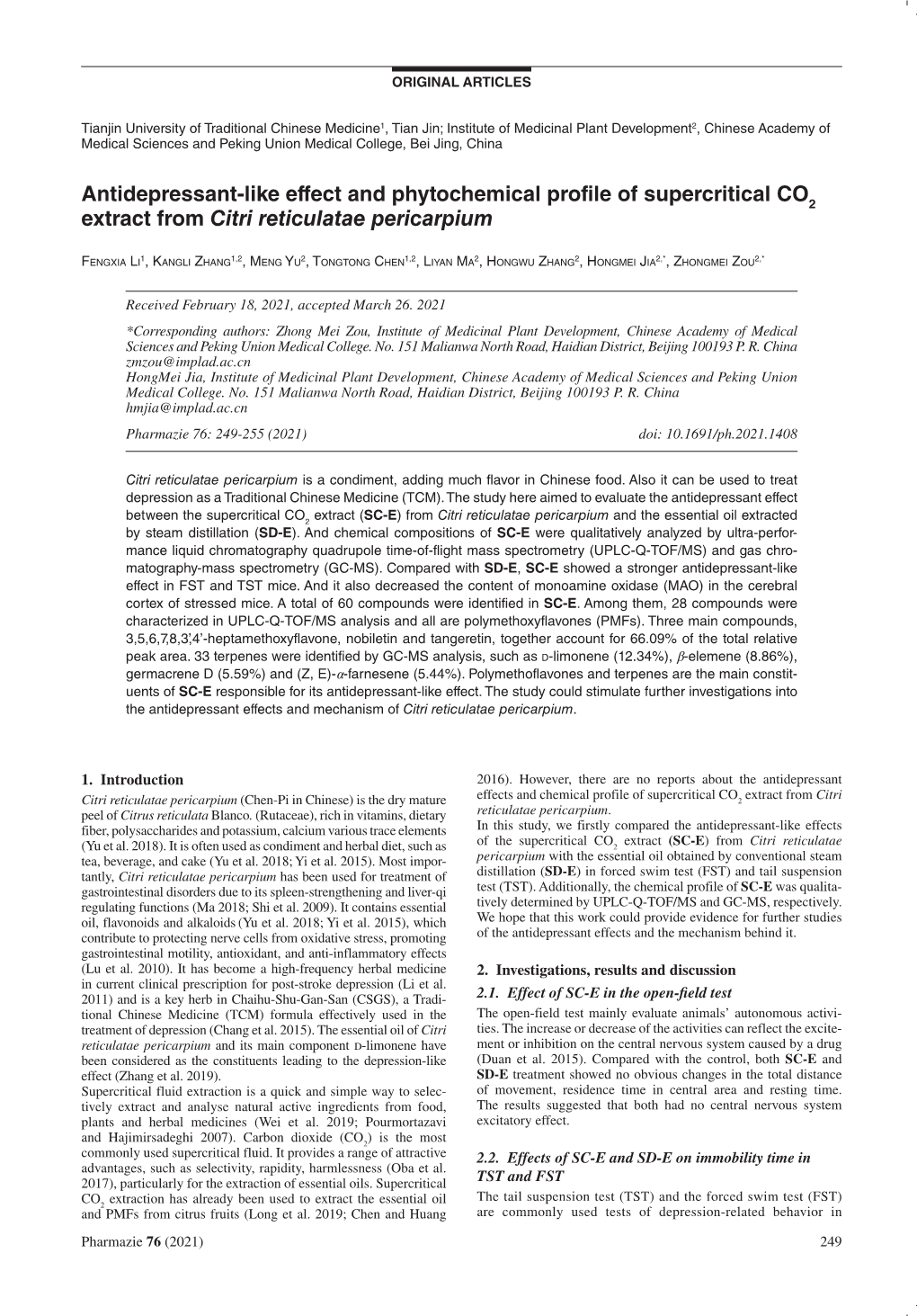 Antidepressant-Like Effect and Phytochemical Profile of Supercritical CO2 Extract from Citri Reticulatae Pericarpium