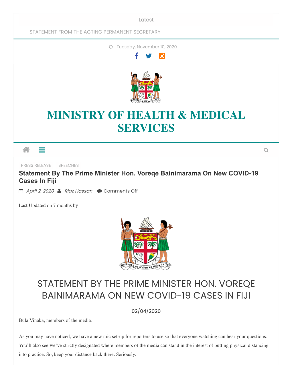 Statement by the Prime Minister Hon. Vo... Ministry of Health & Medical