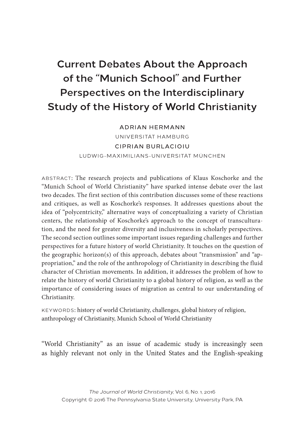 Munich School” and Further Perspectives on the Interdisciplinary Study of the History of World Christianity