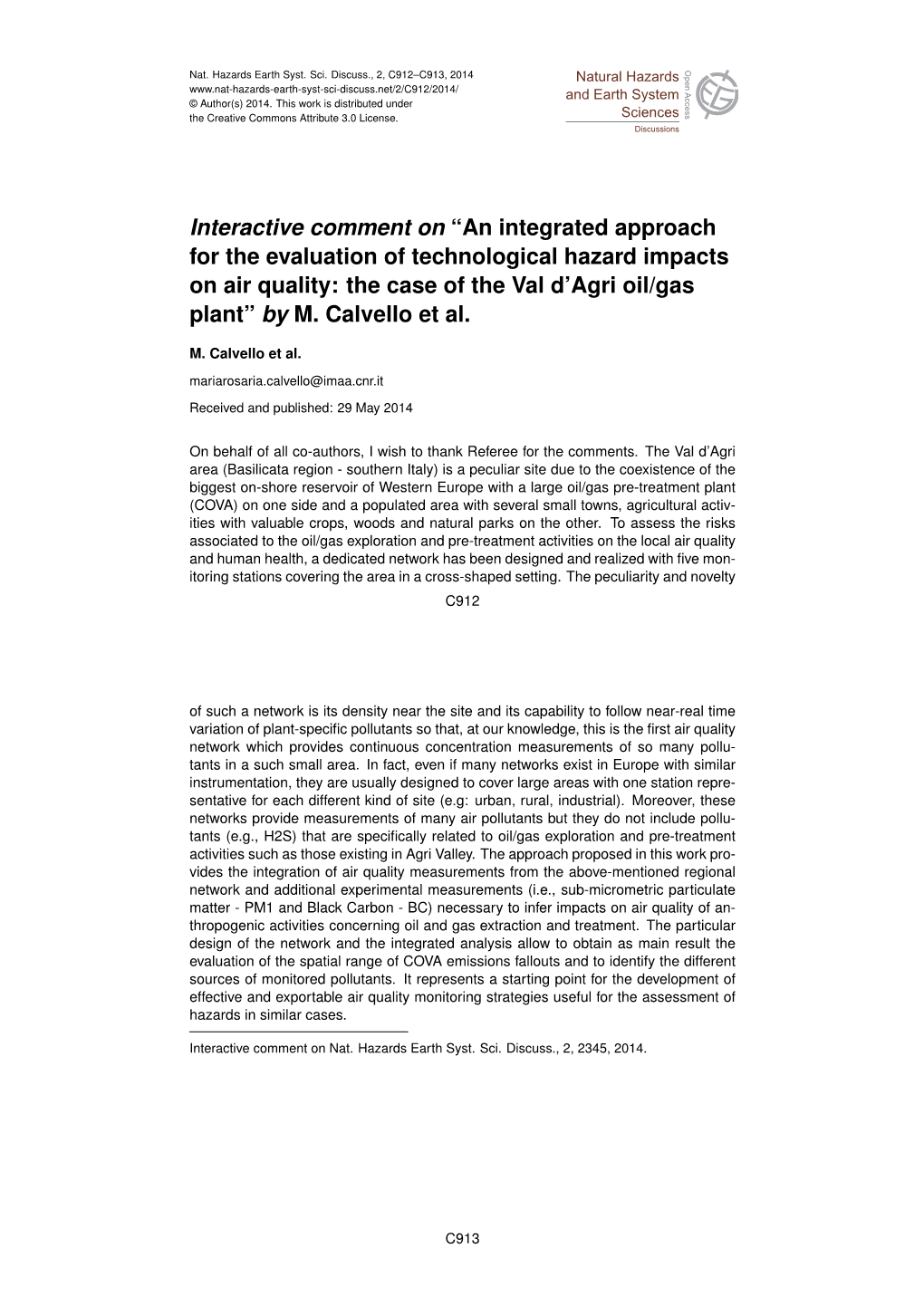 An Integrated Approach for the Evaluation of Technological Hazard Impacts on Air Quality: the Case of the Val D’Agri Oil/Gas Plant” by M