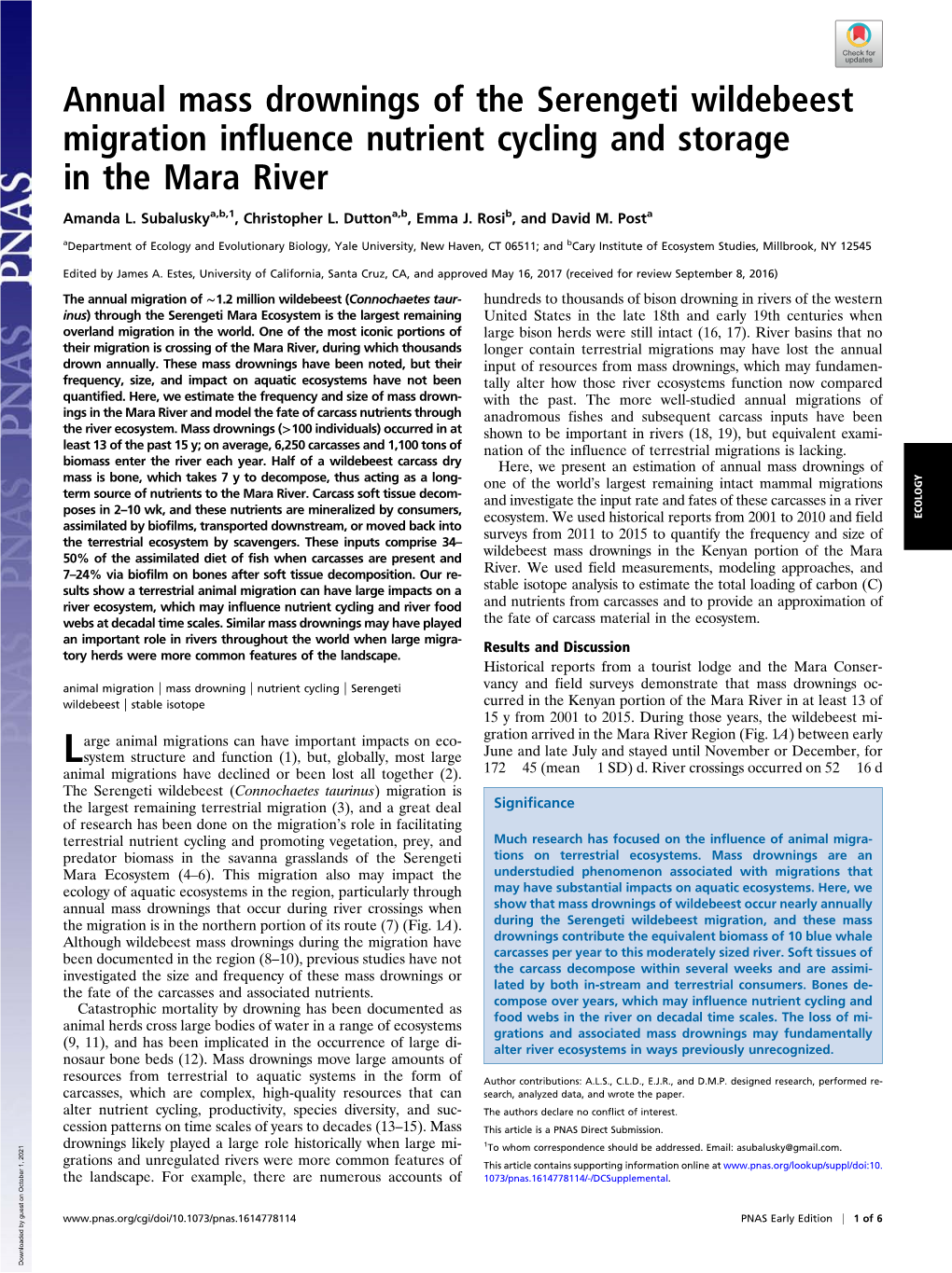 Annual Mass Drownings of the Serengeti Wildebeest Migration Influence Nutrient Cycling and Storage in the Mara River