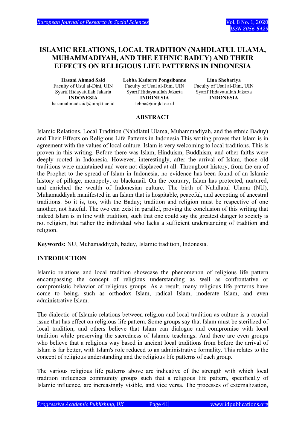 Islamic Relations, Local Tradition (Nahdlatul Ulama, Muhammadiyah, and the Ethnic Baduy) and Their Effects on Religious Life Patterns in Indonesia