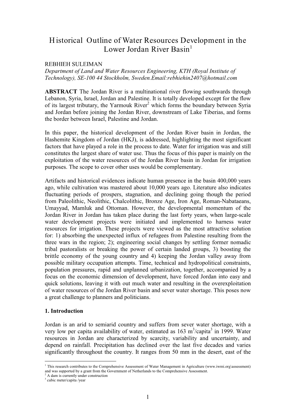 Historical Outline of Water Resources Development in the Lower Jordan River Basin1