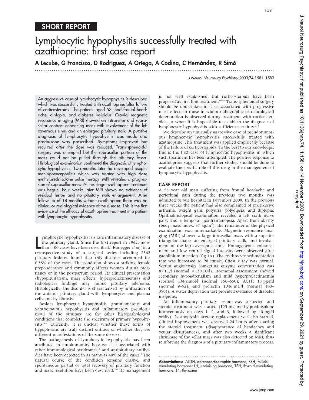 Lymphocytic Hypophysitis Successfully Treated with Azathioprine