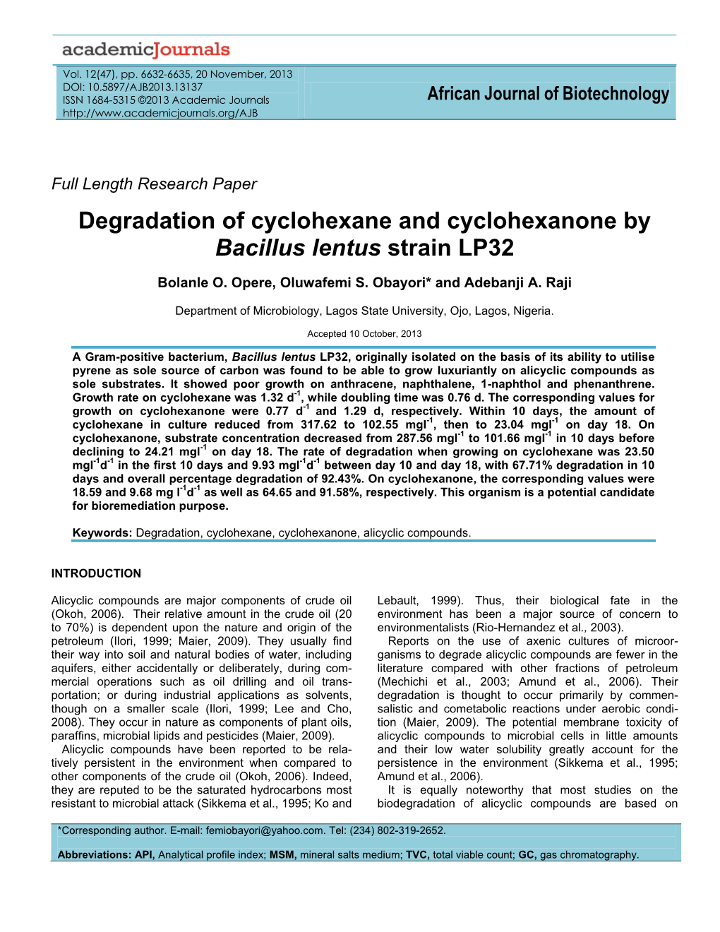 Degradation of Cyclohexane and Cyclohexanone by Bacillus Lentus Strain LP32