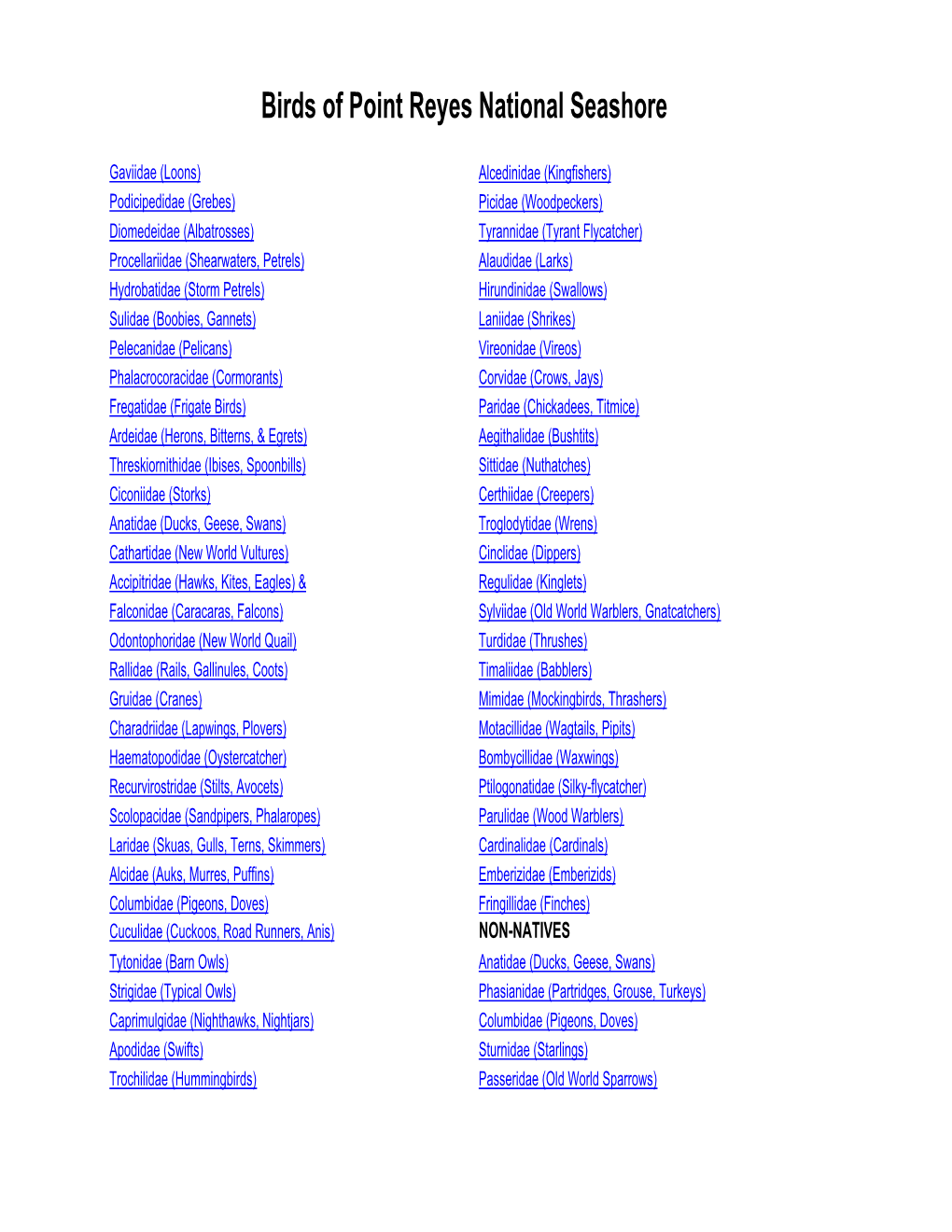 Point Reyes National Seashore Bird List