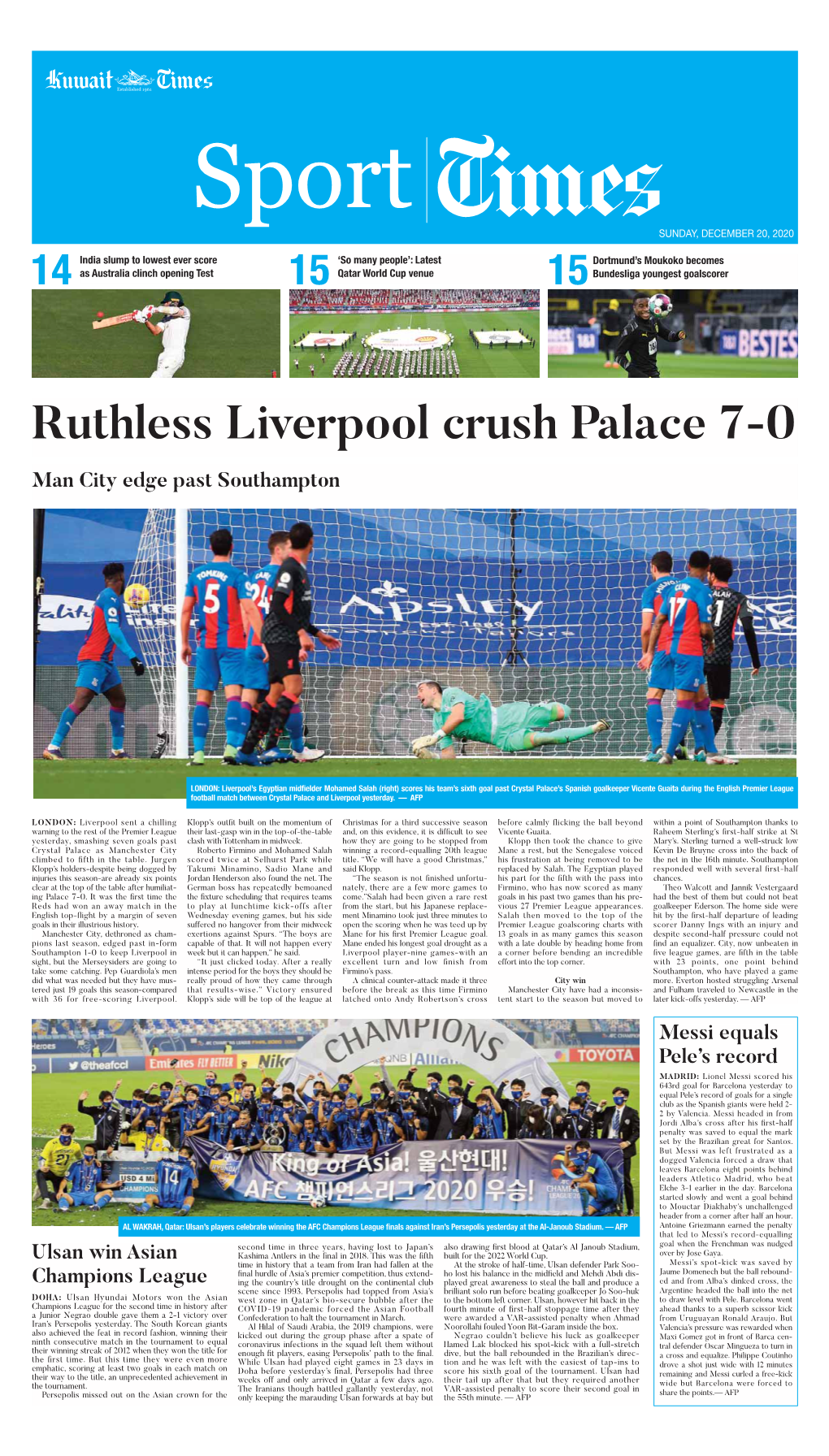 Ruthless Liverpool Crush Palace 7-0 Man City Edge Past Southampton