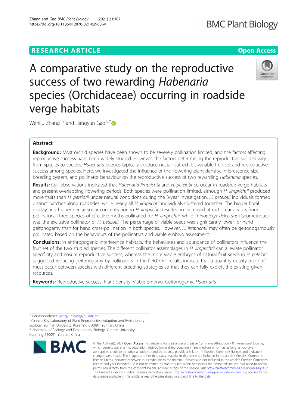 A Comparative Study on the Reproductive Success of Two Rewarding Habenaria Species