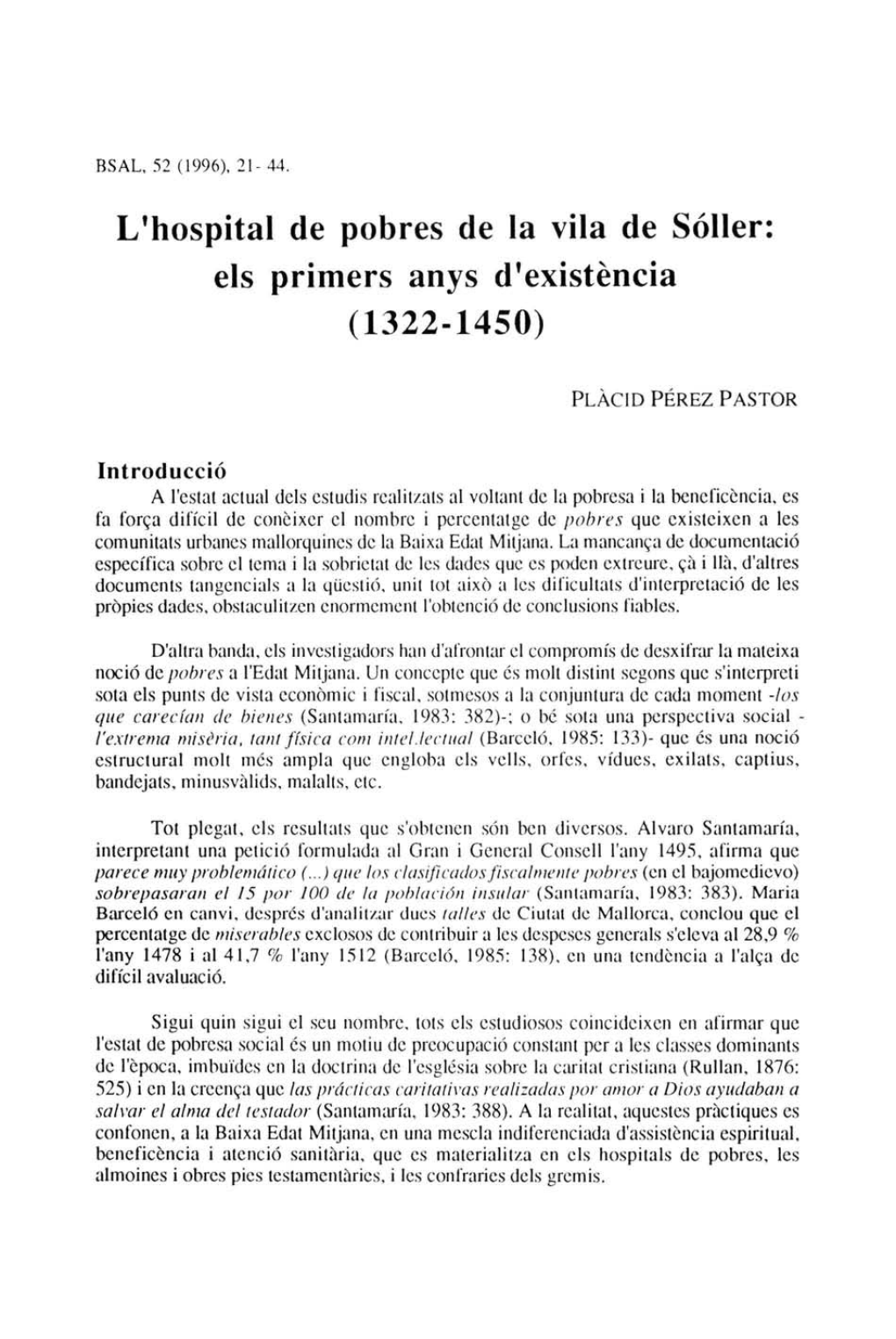 L'hospital De Pobres De La Vila De Sóller: Els Primers Anys D'existència (1322-1450)