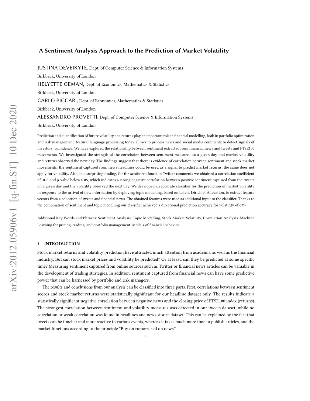 A Sentiment Analysis Approach to the Prediction of Market Volatility