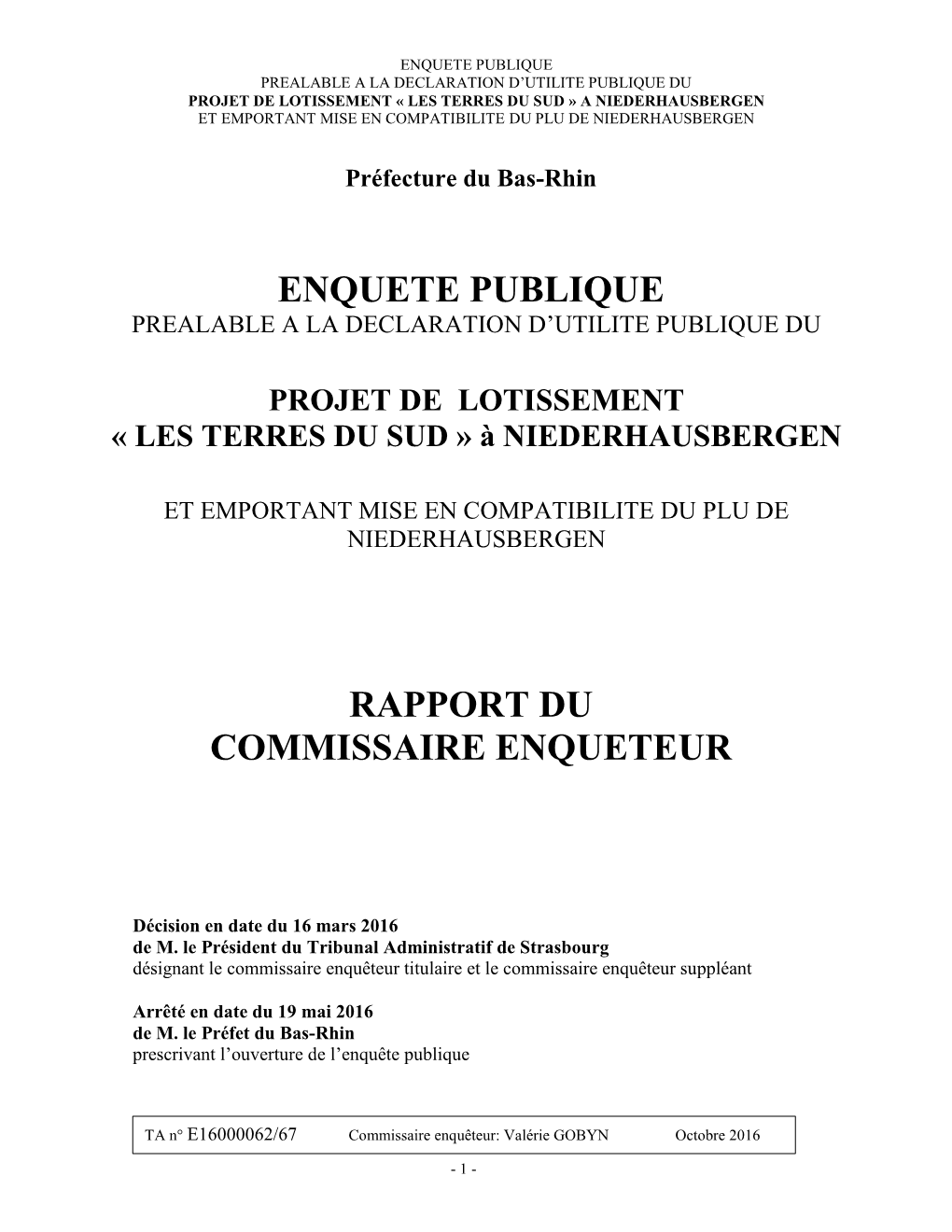 Enquete Publique Rapport Du Commissaire Enqueteur