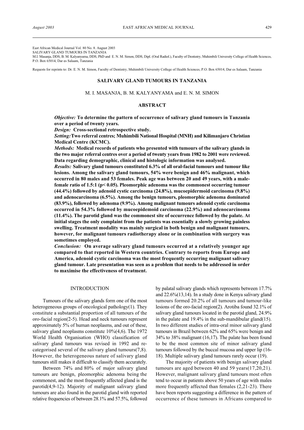 Salivary Gland Tumours in Tanzania M. I. Masanja, B. M