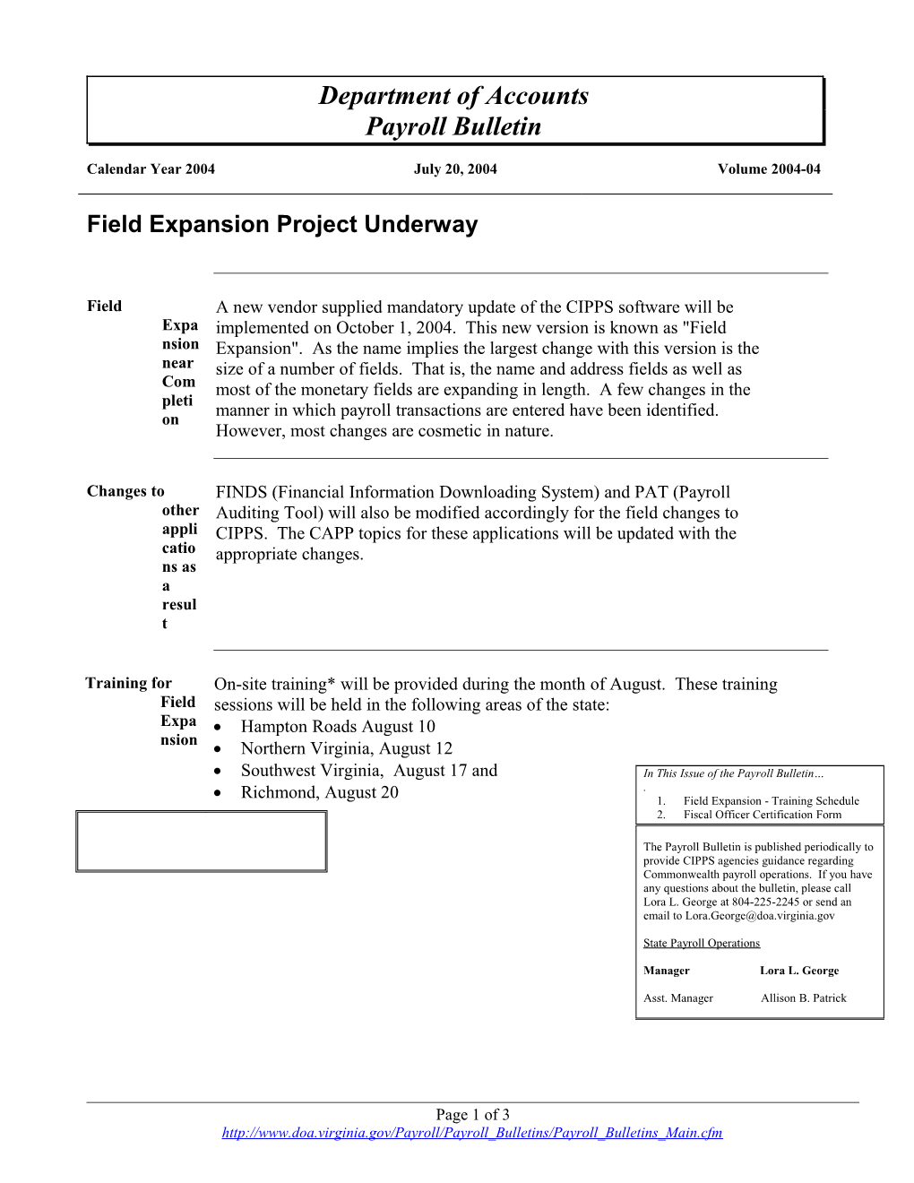 Payroll Bulletin, Volume 2004-04