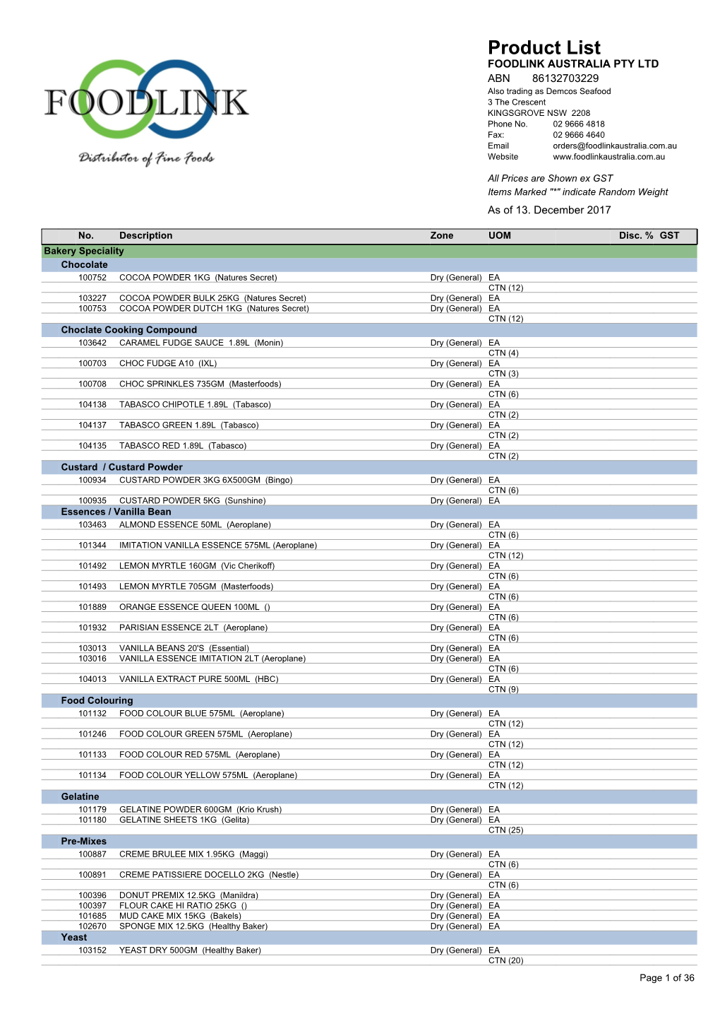 Product List FOODLINK AUSTRALIA PTY LTD ABN 86132703229 Also Trading As Demcos Seafood 3 the Crescent KINGSGROVE NSW 2208 Phone No