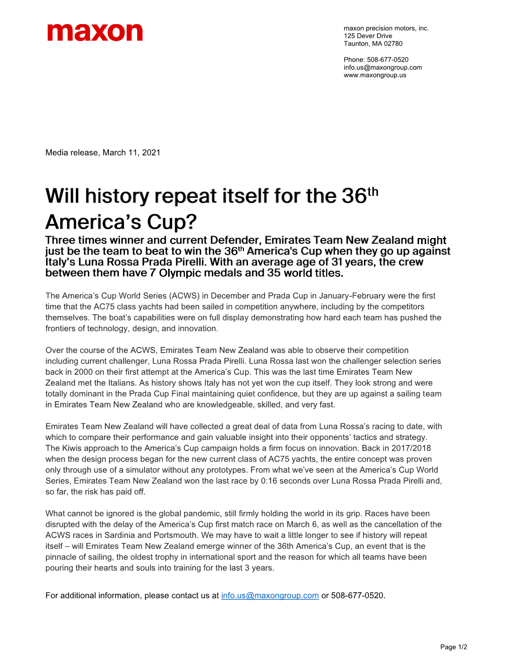 Media Release, March 11, 2021 the America's Cup World Series (ACWS