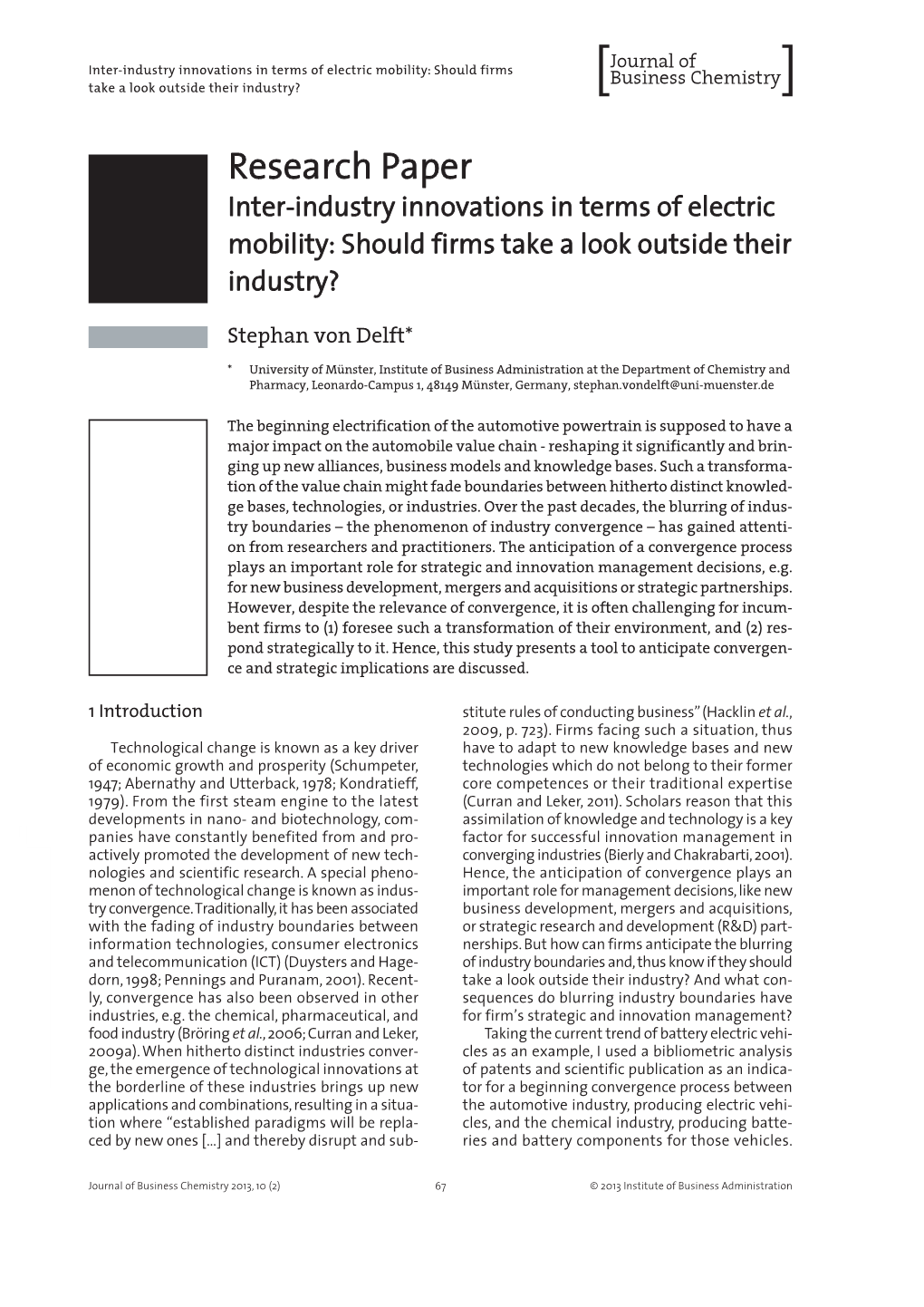 Research Paper Inter-Industry Innovations in Terms of Electric Mobility: Should Firms Take a Look Outside Their Industry?