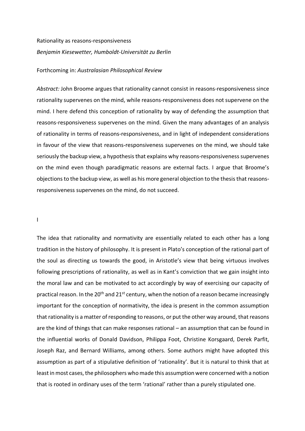 Rationality As Reasons-Responsiveness Benjamin Kiesewetter, Humboldt-Universität Zu Berlin