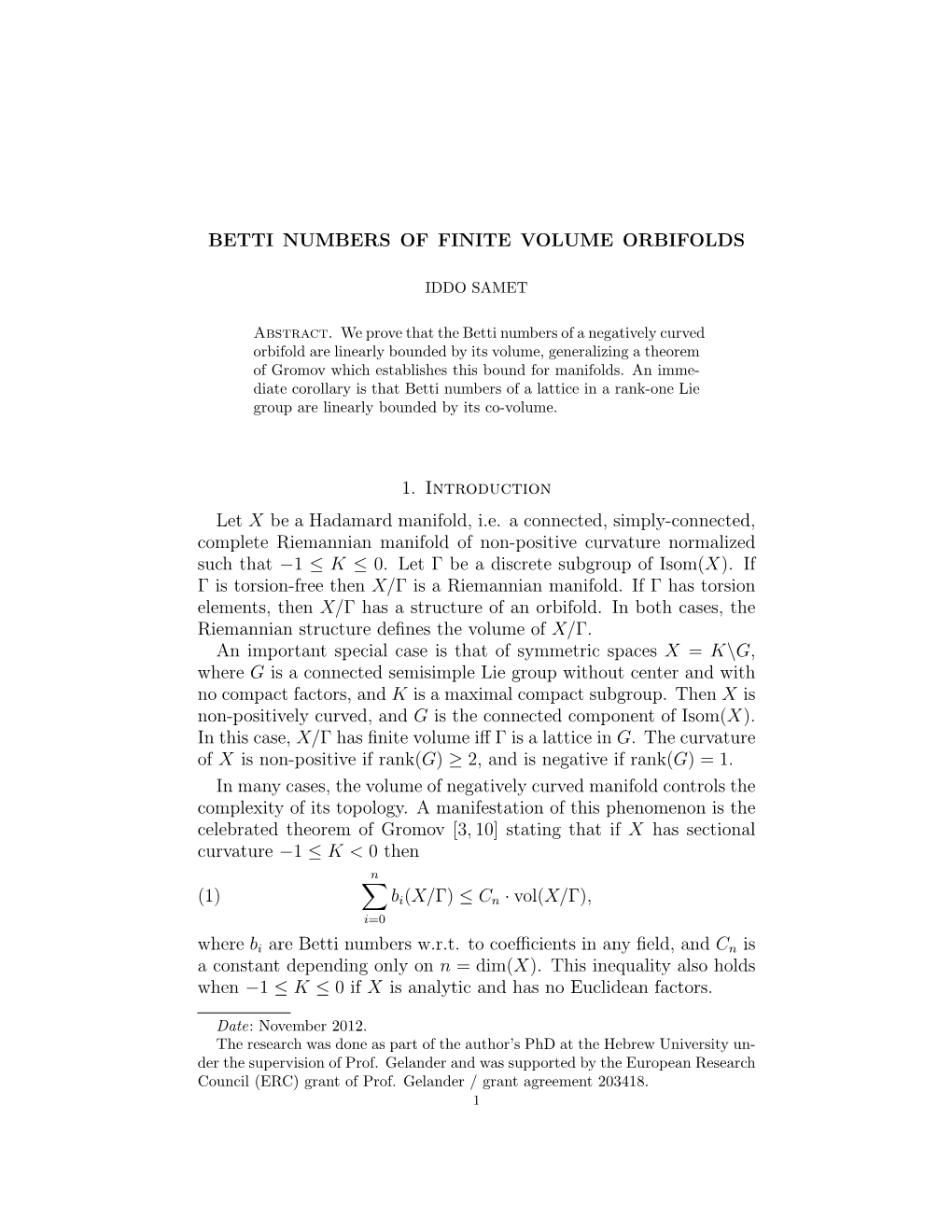 Betti Numbers of Finite Volume Orbifolds 10