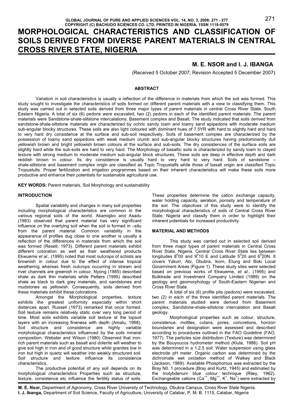 Morphological Characteristics and Classification of Soils Derived from Diverse Parent Materials in Central Cross River State, Nigeria