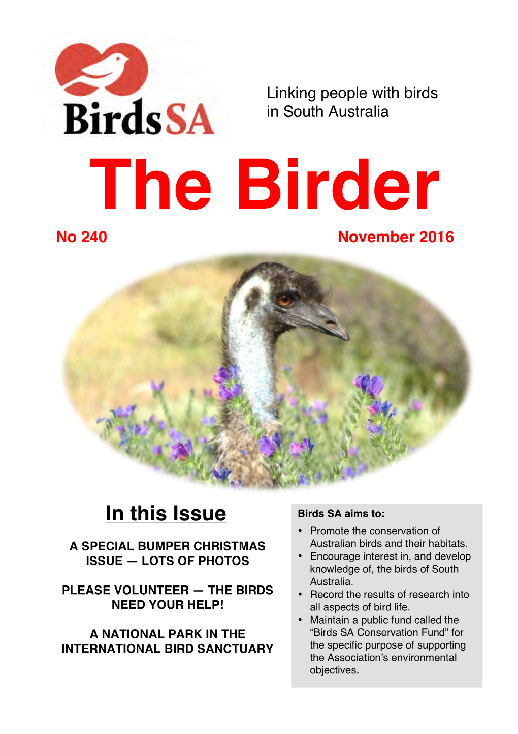 In This Issue Birds SA Aims To: • Promote the Conservation of a SPECIAL BUMPER CHRISTMAS Australian Birds and Their Habitats