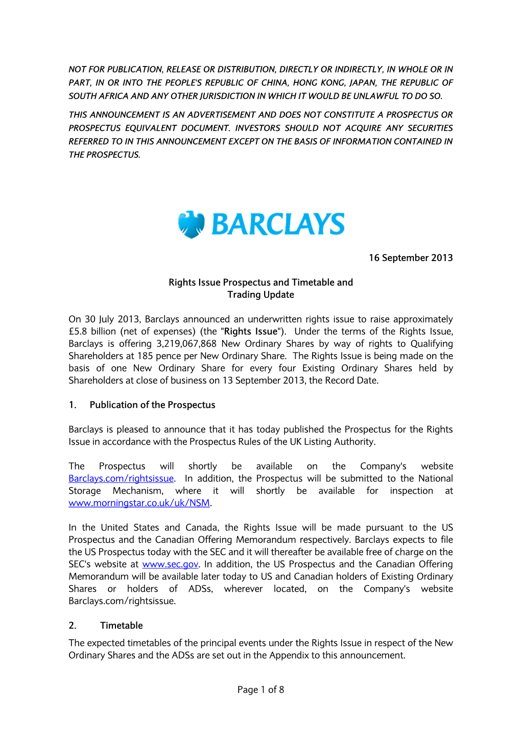 Barclays PLC Rights Issue Prospectus and Timetable and Trading Update