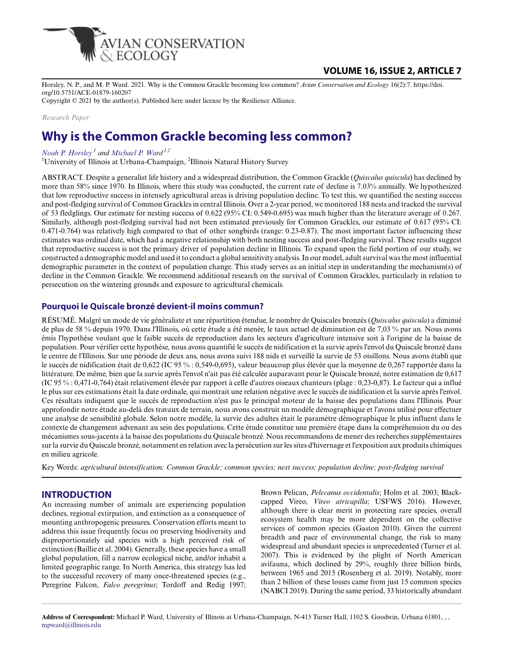 Why Is the Common Grackle Becoming Less Common? Avian Conservation and Ecology 16(2):7