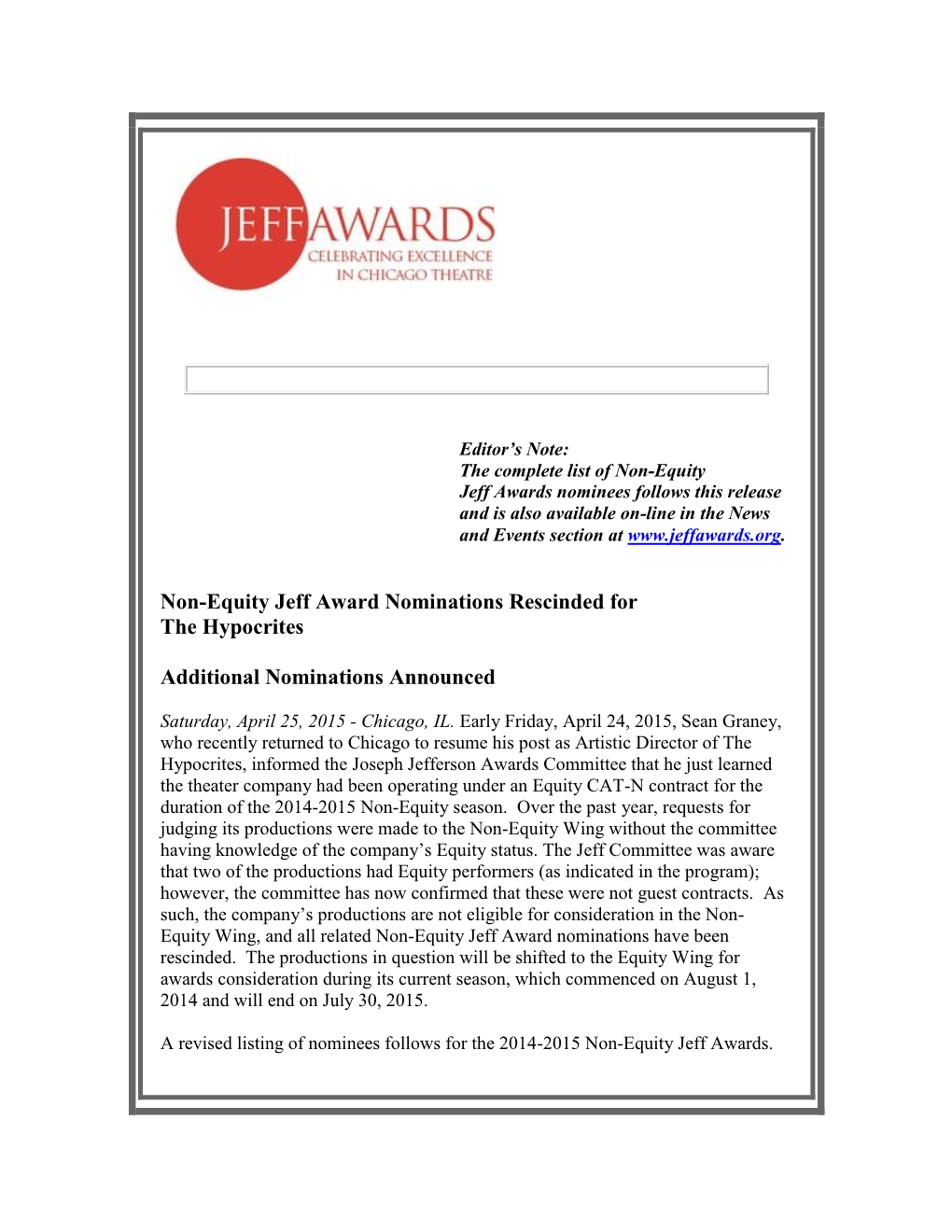 Non-Equity Jeff Award Nominations Rescinded for the Hypocrites